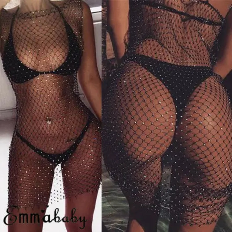 Womens Summer Bikini Cover up Swimwear Bathing Suit Crystal Mesh Fishnet Beach Dress Black