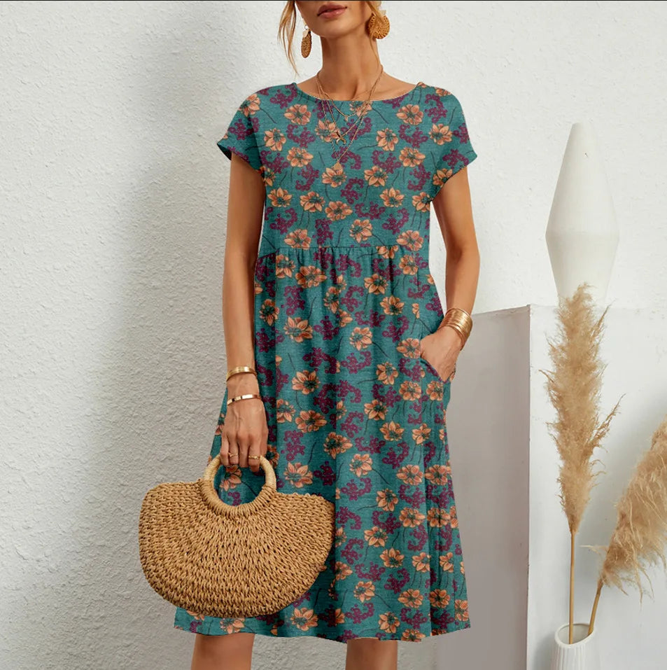 Summer Women'S Elegant Cotton Linen Dress round Neck Short Sleeve Fashion Casual Loose Print A-Line Dress Unique Flower Dress