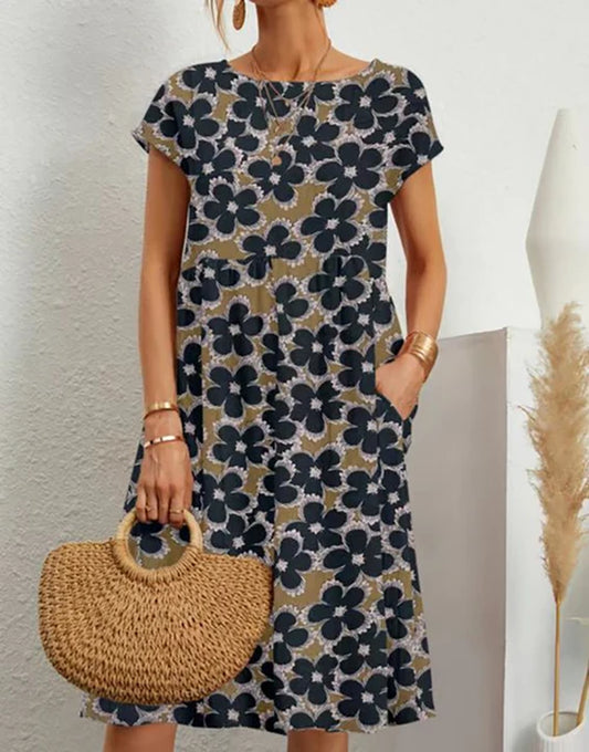 Summer Women'S Elegant Cotton Linen Dress round Neck Short Sleeve Fashion Casual Loose Print A-Line Dress Unique Flower Dress