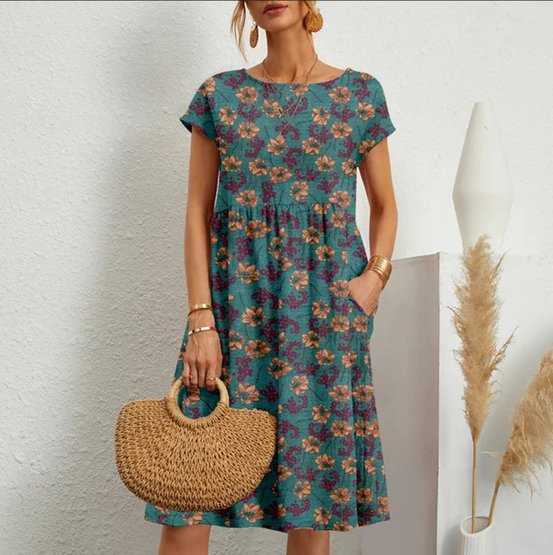 Summer Women'S Elegant Cotton Linen Dress round Neck Short Sleeve Fashion Casual Loose Print A-Line Dress Unique Flower Dress