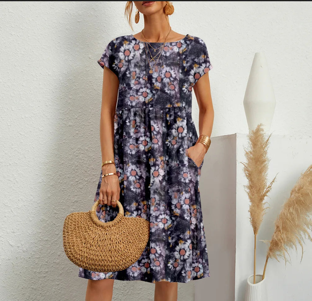 Summer Women'S Elegant Cotton Linen Dress round Neck Short Sleeve Fashion Casual Loose Print A-Line Dress Unique Flower Dress