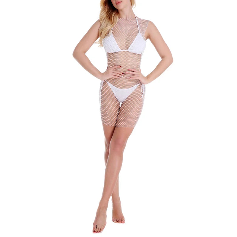 Womens Summer Bikini Cover up Swimwear Bathing Suit Crystal Mesh Fishnet Beach Dress Black