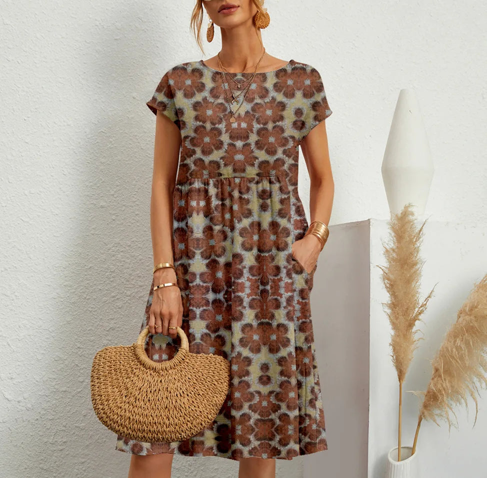Summer Women'S Elegant Cotton Linen Dress round Neck Short Sleeve Fashion Casual Loose Print A-Line Dress Unique Flower Dress