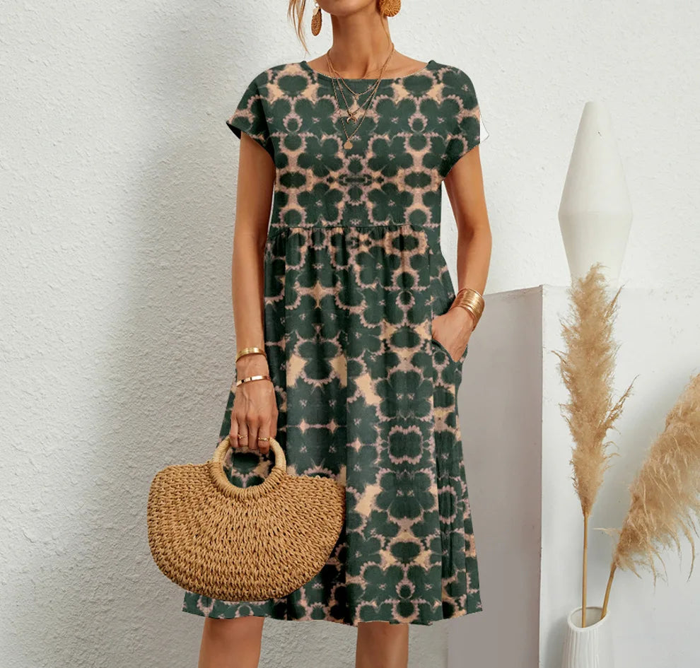 Summer Women'S Elegant Cotton Linen Dress round Neck Short Sleeve Fashion Casual Loose Print A-Line Dress Unique Flower Dress