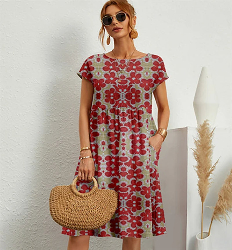 Summer Women'S Elegant Cotton Linen Dress round Neck Short Sleeve Fashion Casual Loose Print A-Line Dress Unique Flower Dress