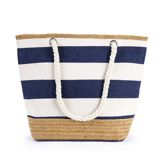 Striped Canvas Handbag for Women Large Capacity Hit Color Travel Shopping Bag for Female New Casual Tote Shoulder Beach Bag